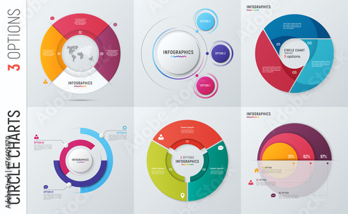 Collection of vector circle chart infographic templates for presentations, advertising, layouts, annual reports. 3 options, steps, parts.