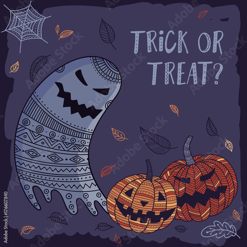 Trick or treat lovely Halloween card with ghost and pumpkin