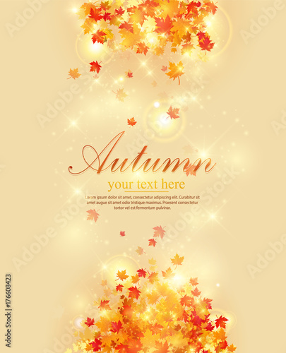 Hello, Autumn. Goodbye, Summer. The trend calligraphy. Vector illustration on the background of autumn leaves. Autumn typographic illustration of handwritten. Hand Lettering print.