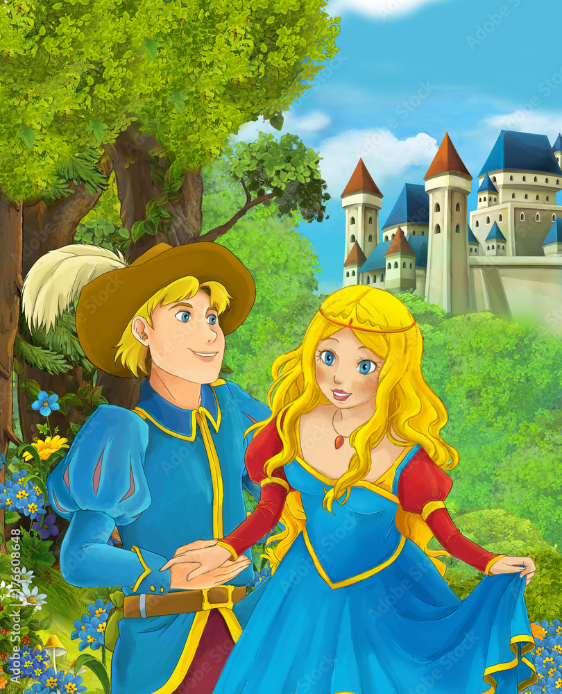 Cartoon scene of beautiful wedding pair prince and princess in the forest  near castle in the background - illustration for children Stock  Illustration | Adobe Stock