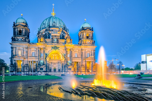 Night at Berlin Cathedral with fountain in Berlin city, Germany