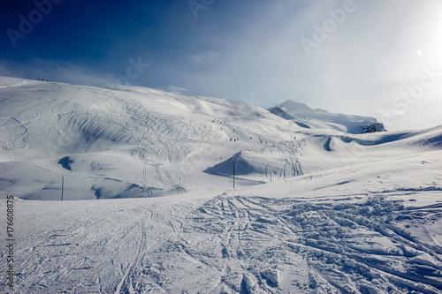 Alpine winter mountain landscape. French Alps with snow.