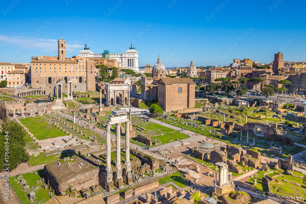 Aerial view of Roman Forum or Foro Romano in Rome, Italy