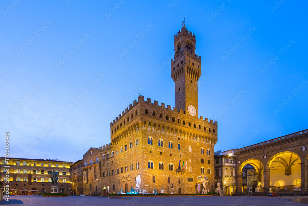Piazza della Signoria at night in Florence,Tuscany Italy