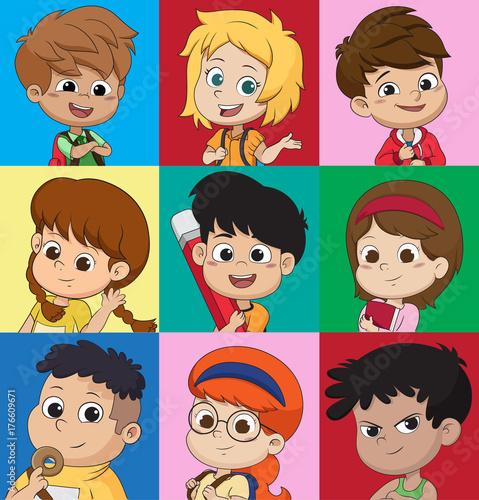 Set of kids avatars,cute cartoon boys and girls faces with various emotions.