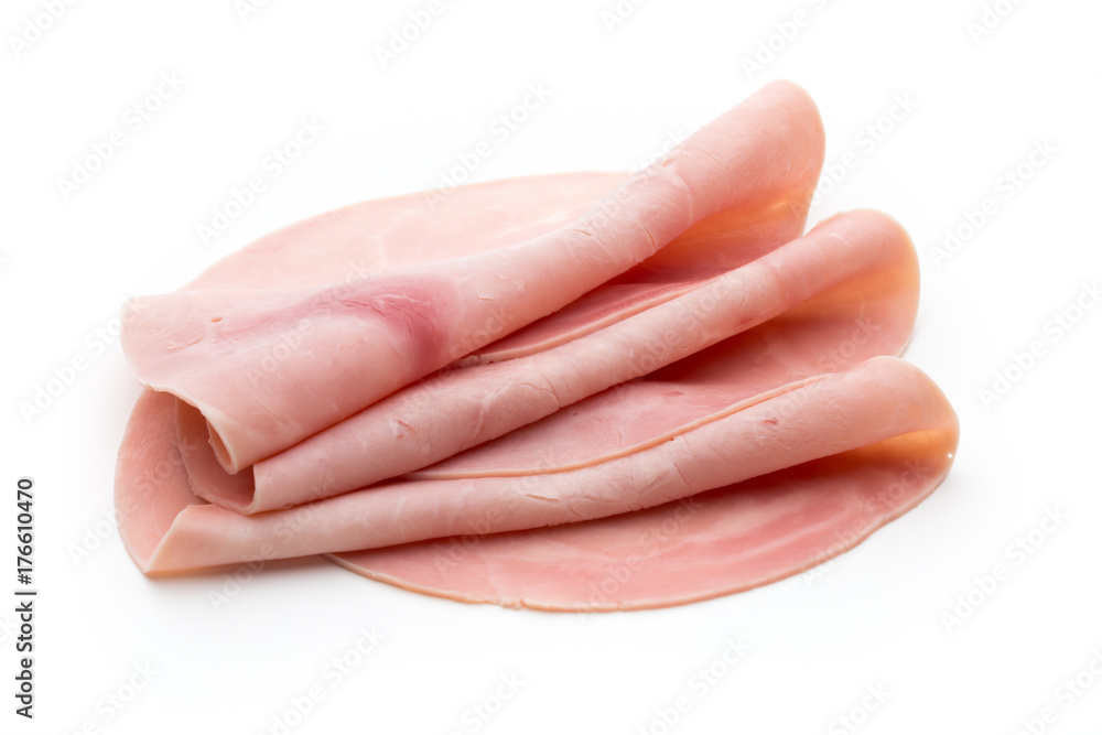Sliced boiled ham sausage isolated on white background, top view. Sliced boiled ham sausage isolated on white background, top view.