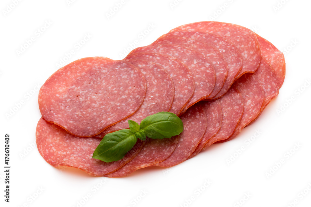 Salami slices isolated on white background. Salami slices isolated on white background.
