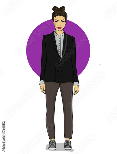 A girl in a black tuxedo and in gray pants stands on a white background eps 10 illustration