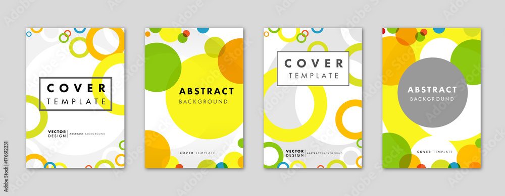 Set of cover templates with abstract colored circles shapes. Memphis style vector cover templates set with colorful baubles, geometric elements for report, flyers, banners, placards and title pages