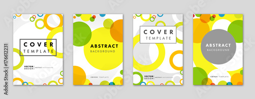 Set of cover templates with abstract colored circles shapes. Memphis style vector cover templates set with colorful baubles, geometric elements for report, flyers, banners, placards and title pages