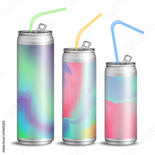 Realistic Metallic Can Vector. Soft Energy Drink. 3D Template Aluminium Cans. Colorful Drinking Straws. Different Types. Good For Branding Design. 500, 300, 250 ml. Isolated Illustration