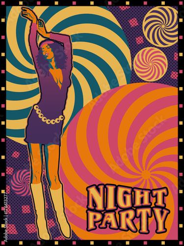 Night party poster design. Handmade drawing vector illustration. Vintage style. Pop art with psychedelic elements.