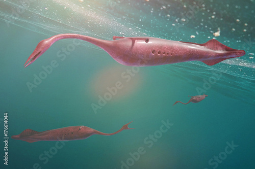 Tullimonstrum, group of Tully Monsters swimming in the ocean, the State Fossil of Illinois photo