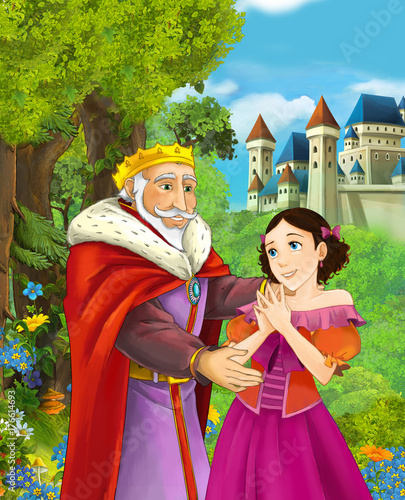 Cartoon scene of beautiful princess and king in the forest near castle in the background - illustration for children