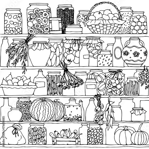 shelves with cans, hand drawn vector illustration
