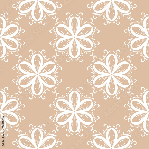 White floral pattern on beige seamless background