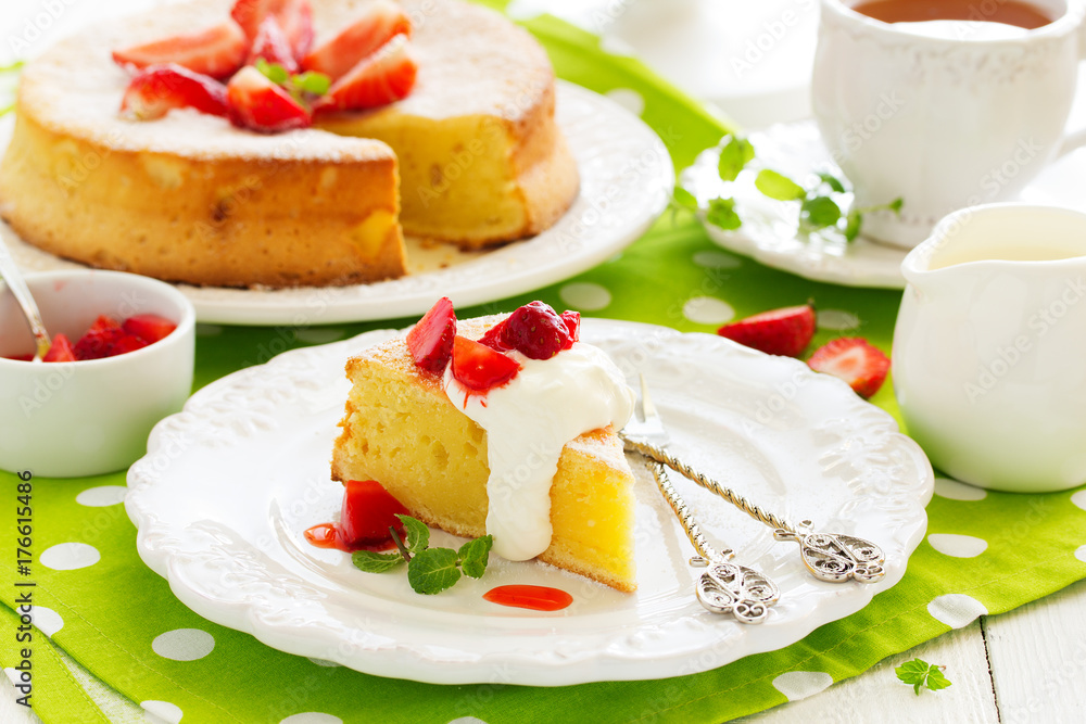 Cheese (curd pudding) with strawberry.