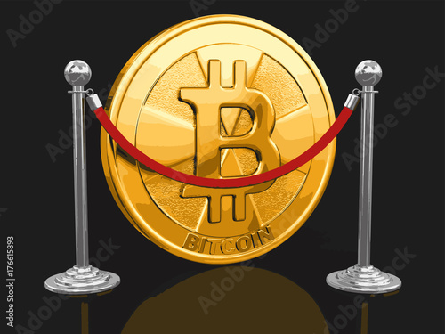 Golden bitcoin  and chrome stanchions with rope. Image with clipping path