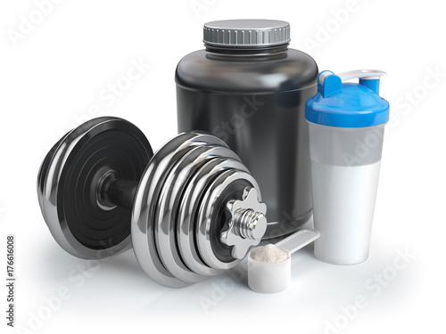 Whey protein powder in scoop with shaker and dumbbell. Bodybuilder nutrition concept.