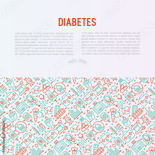 Diabetes concept with thin line icons of symptoms and prevention care. Vector illustration for background of medical survey or report, for banner, web page, print media.