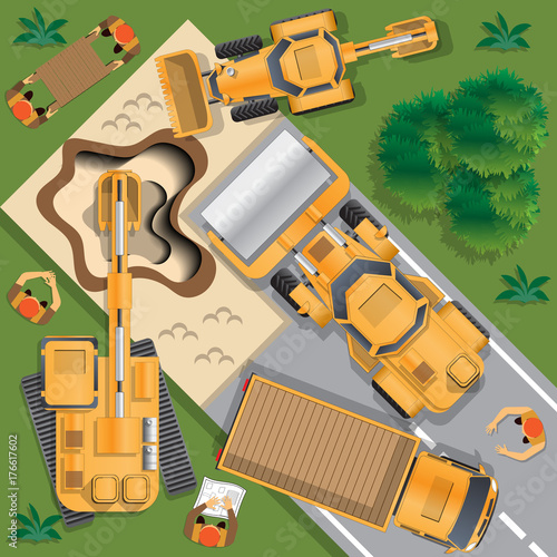 The workers make the road. View from above. Vector illustration.