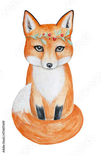 Cute fox in a head floral wreath. Hand drawn watercolor illustration, isolated on white background.  Sitting, full length, portrait. Can be used for postcard, fabric, invite, greeting card, book.