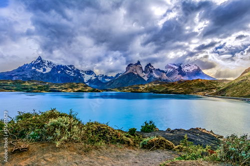 Torres del Paine over the Pehoe lake  Patagonia  Chile - Souther