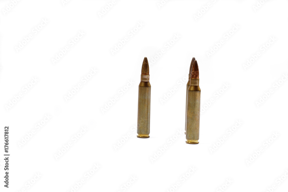 the of crime Concept. with some rifle bullets on white Background the of crime Concept. with some rifle bullets on white Background