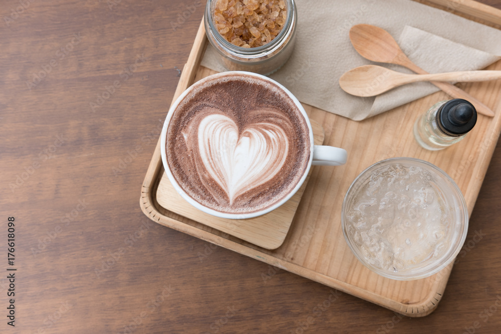 hot chocolate drink with heart latte art. delicious cocoa beverage serve with flavor and brown sugar hot chocolate drink with heart latte art. delicious cocoa beverage serve with flavor and brown sugar