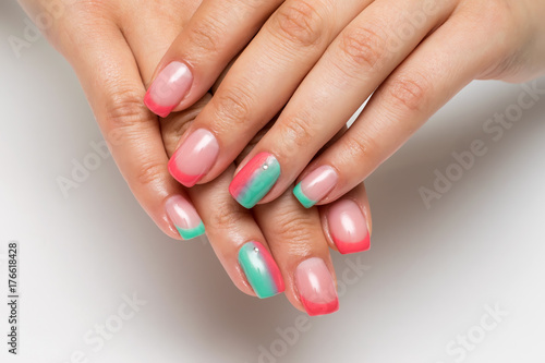 French red, pink, mint, green manicure with crystals on long square nails
 
