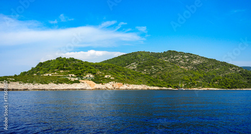 Aerial panoramic view of islands in Croatia with many sailing yachts between, Kornati national park landscape in the Mediterranean sea