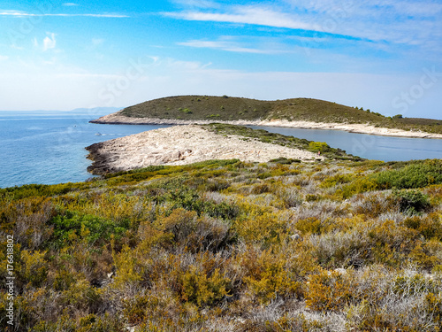 Aerial panoramic view of islands in Croatia with many sailing yachts between, Kornati national park landscape in the Mediterranean sea