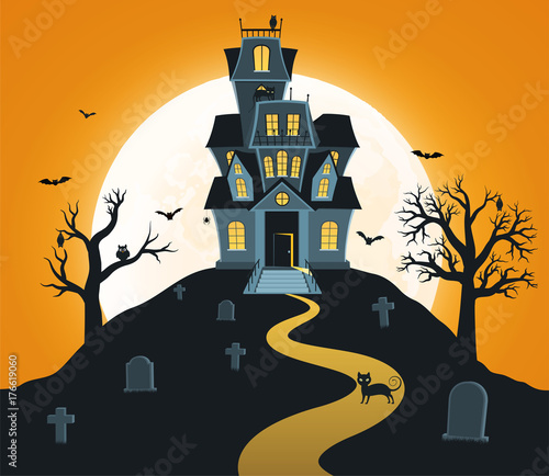 Halloween background with castle and full moon, tombs, trees, bats.