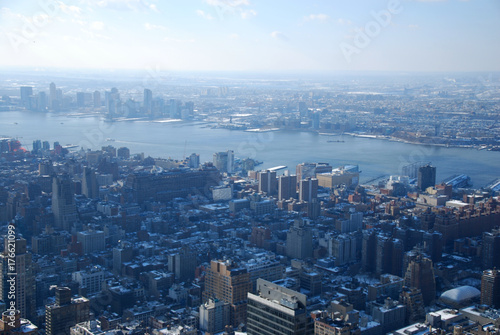 New York City view from Empire State Building. Downtown view by day.