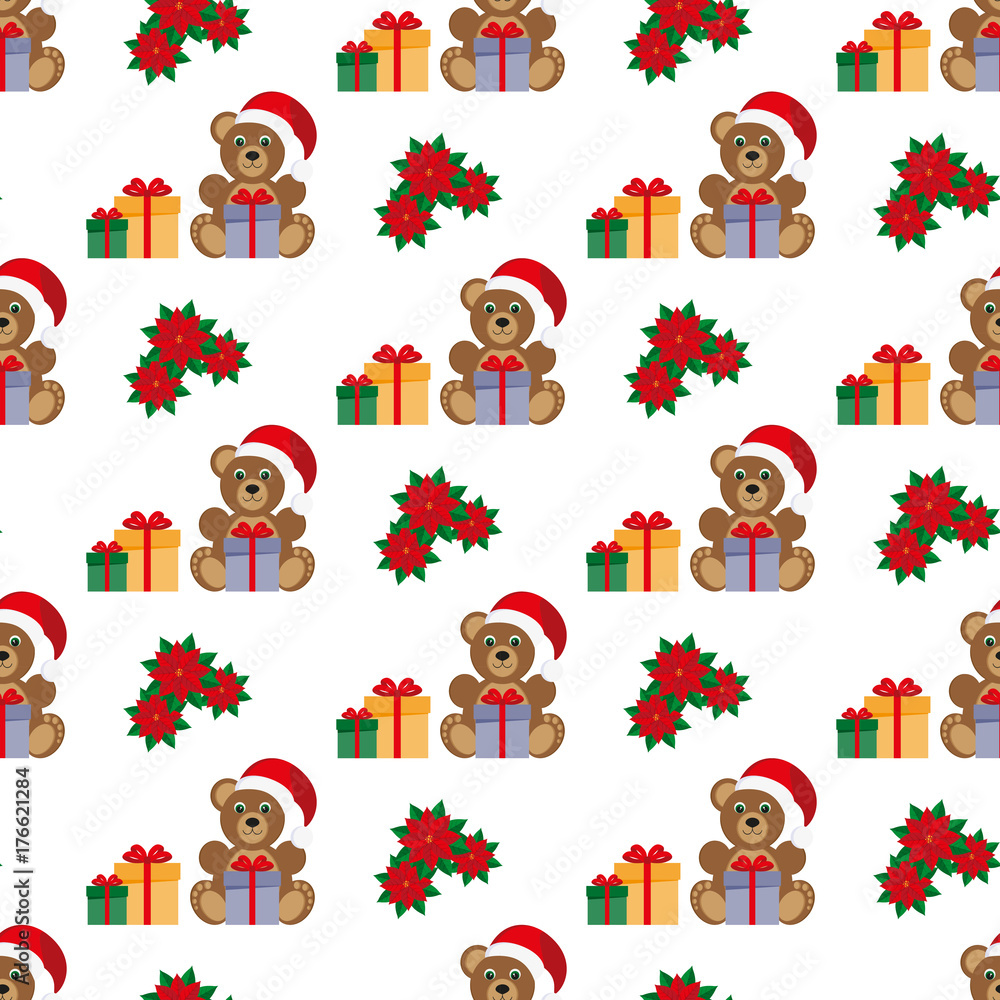 Fototapeta premium Teddy bear with a gift. Poinsettia. Seamless pattern. Vector. Flat.