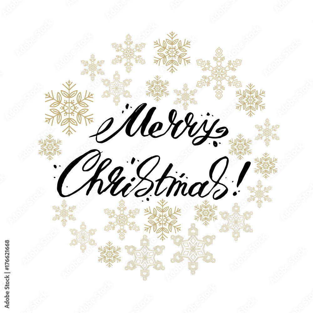 Fototapeta premium PrinMerry Christmas lettering surrounded by snowflakes. Vector illustration