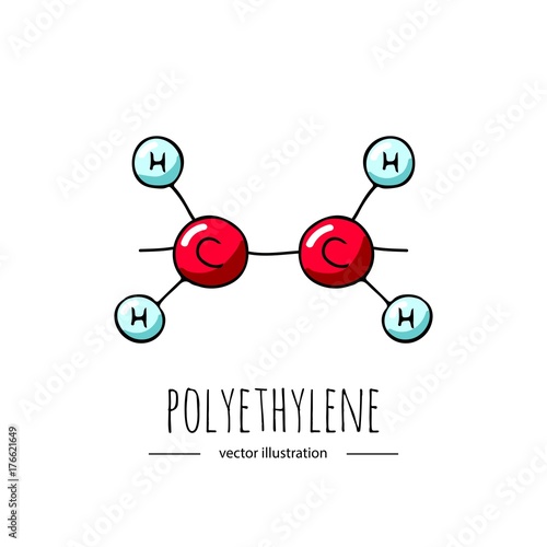 Hand drawn doodle Polyethylene chemical formula icon. Vector illustration. Cartoon molecule element. Sketch polymer molecular structure Plastic scientific formula isolated on white background Bag Film