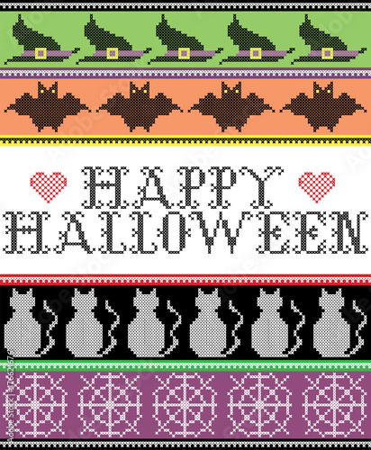 Scandinavian cross stitch and traditional American holiday inspired seamless Happy Halloween pattern with bat, cat, spider web, witch's hat, decor ornaments in purple, orange, black, yellow, green 
