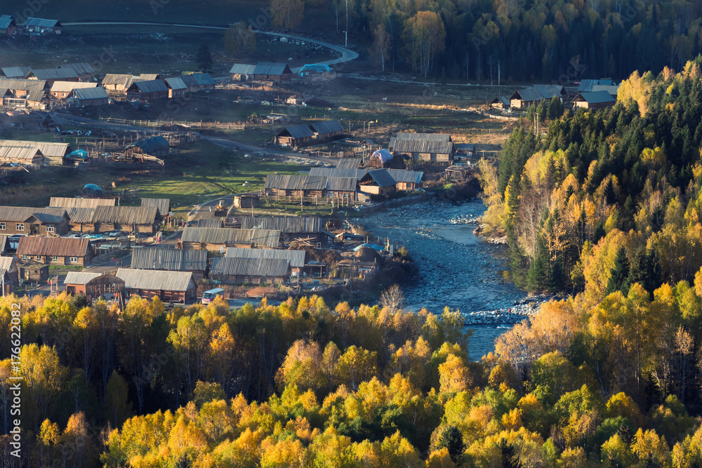 Fototapeta premium View of Hemu village in Autumn time, Xinjiang, China. The famous village for tourist