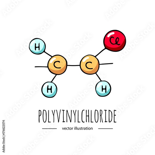 Hand drawn doodle Polyvinylchloride  chemical formula icon. Vector illustration. Cartoon molecule element. Sketch polymer molecular structure PVC scientific formula isolated on white background