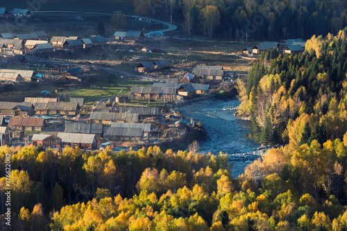 View of Hemu village in Autumn time, Xinjiang, China. The famous village for tourist photo