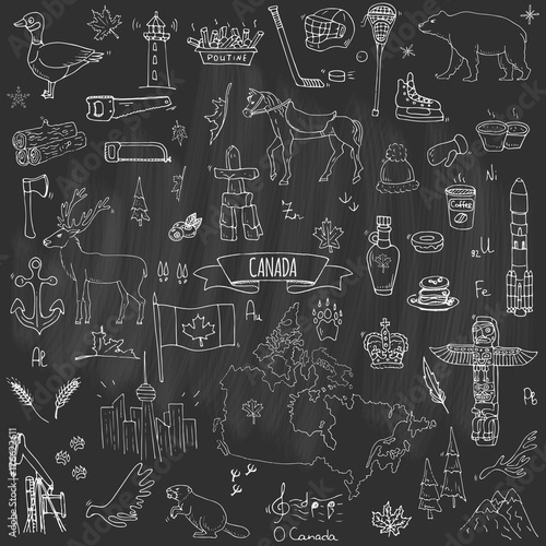Hand drawn doodle Canada icons set Vector illustration isolated symbols collection of canadian symbols Cartoon elements: bear, map, flag, maple, beaver, deer, goose, totem pole, horse, hockey, poutine