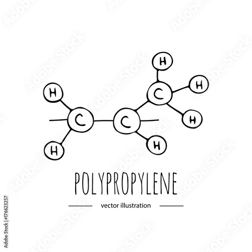 Hand drawn doodle polypropylene chemical formula icon. Vector illustration. Cartoon molecule element. Sketch polymer molecular structure Plastic scientific formula isolated on white background photo