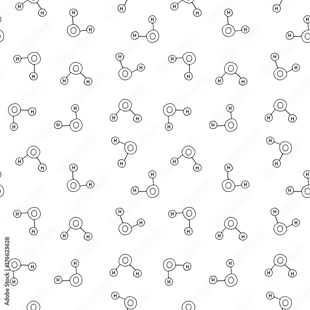 Seamless pattern Hand drawn doodle Water chemical formula icon Vector illustration Cartoon molecule element Sketch molecular structure Scientific formula isolated White background Symbol Biochemistry