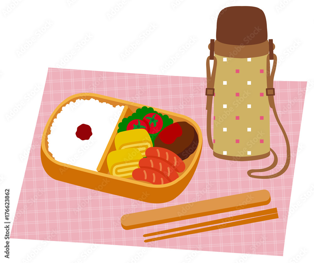 白米とおかず お弁当と水筒 Stock イラスト Adobe Stock