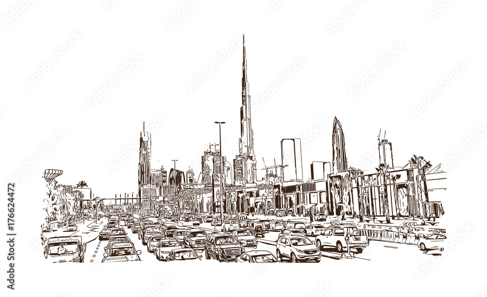 Hand drawn sketch of Marina Dubai UAE City and beach  stock vector 145916   Crushpixel