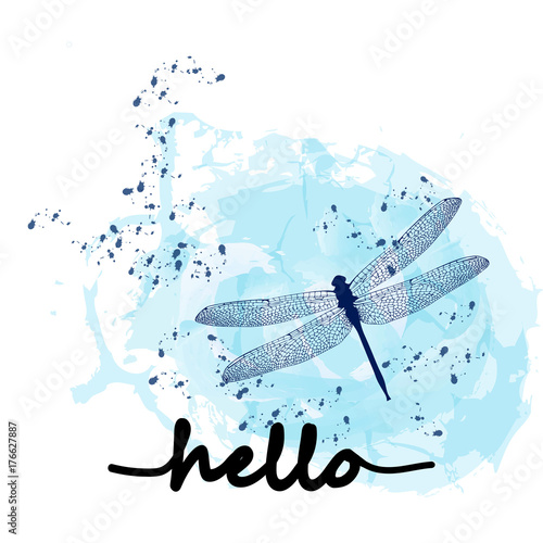 Watercolor background with dragonflies and lettering hello. Brush lettering composition. Hello typography design. Abstract Paint Decoration. Hand drawn brush strokes. Vector Illustration.