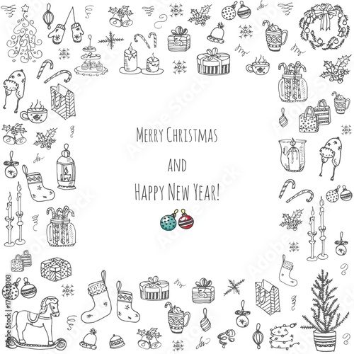 Set of hand drawn sketchy christmas elements Doodle vector illustration elements Candles gift boxes christmas tree wreath stocking candy canes cookie bells holly decoration calligraphy Merry Christmas