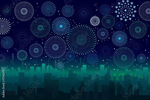Vector illustration of a festive fireworks display over the city at night scene for holiday and celebration background design.