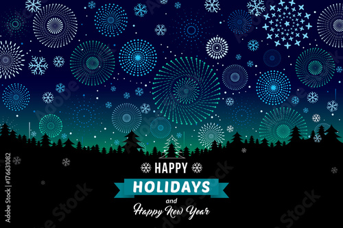Happy holidays and Happy New Year on winter landscape with snowflakes and fireworks background.